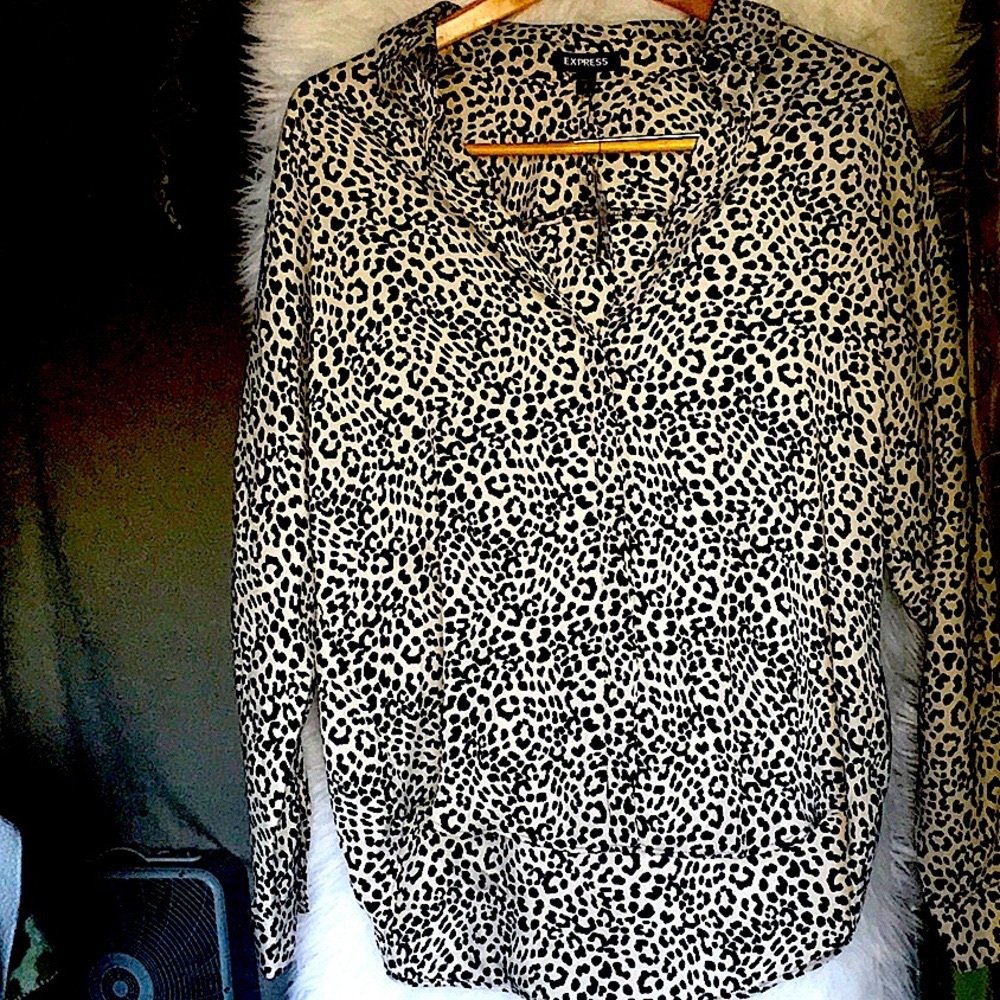 EXPRESS Cheetah print tan Small, hidden button placket long sleeve office blouse